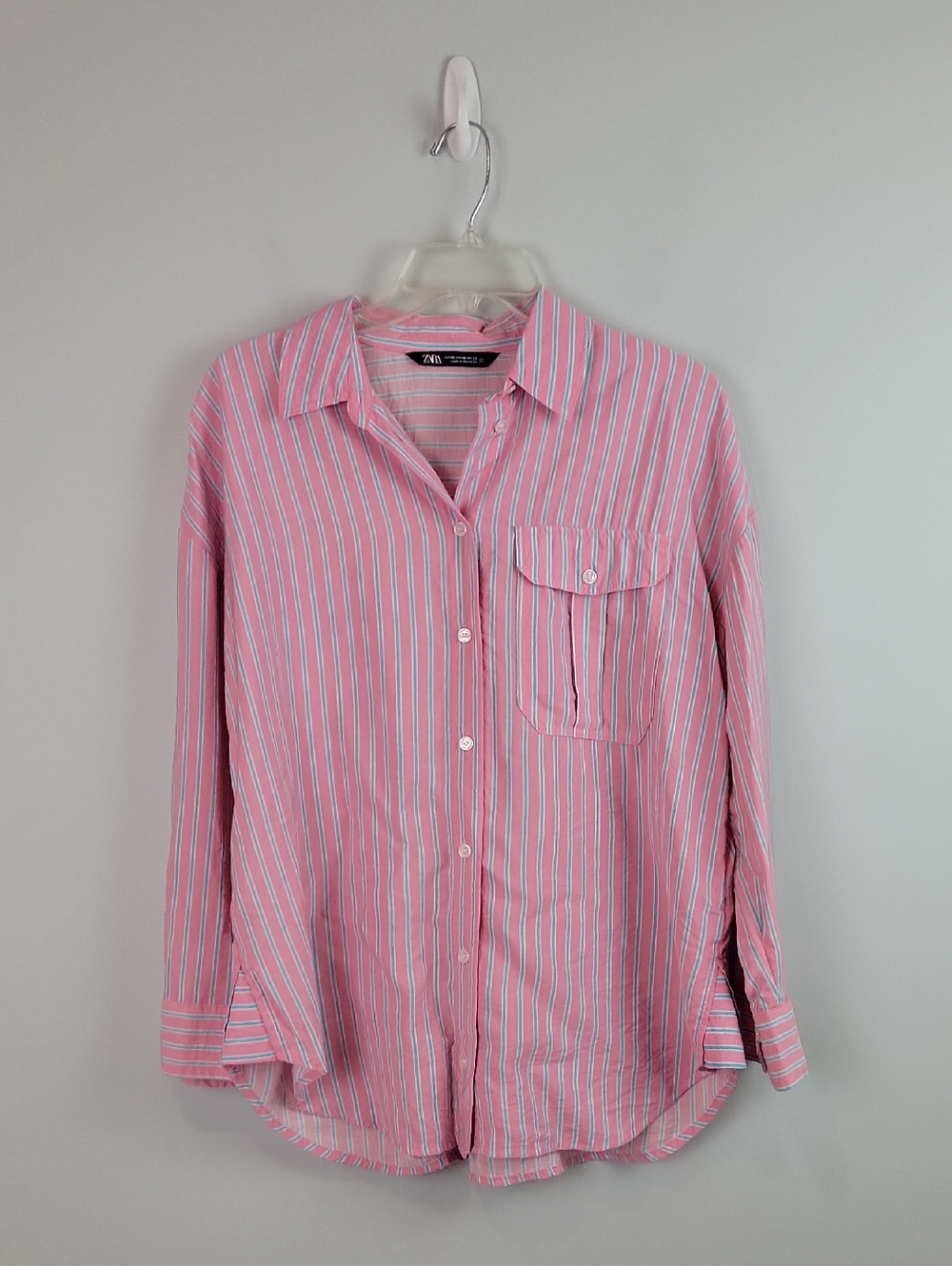 Zara pink blue stripe button down top with pocket xs